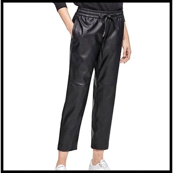 NWT Calvin Klein Vegan Faux Leather Pants Pull On Drawstring Waist Black Medium - Picture 1 of 12